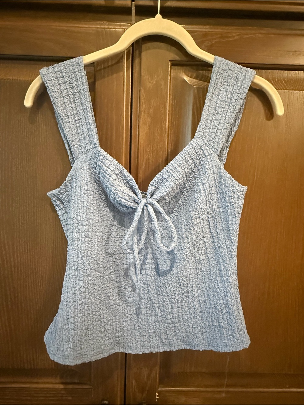 See You Monday Light Blue Textured Tie-Front Camisole
